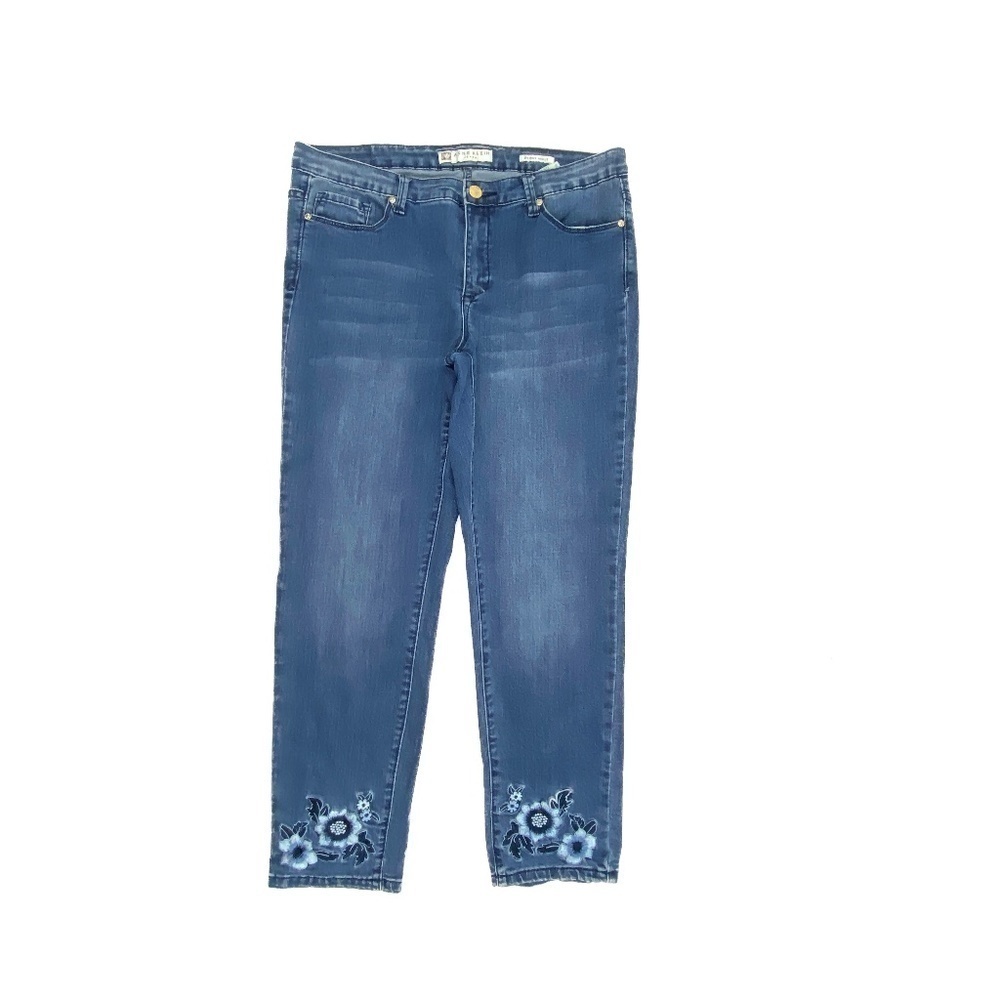 Anne Klein Skinny Ankle Embroidered Flowers Women's size 8 Dark Blue Denim Jean